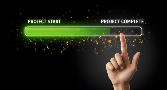 Project complete success management business goal progress bar deadline concept finish work finger touch achievement task schedule plan timeline milestone