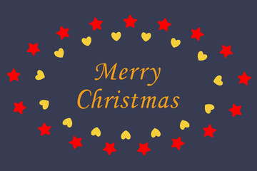 Festive oval frame and christmas inscription on a purple background. Merry christmas words, stars and hearts. Bright colors, flying elements, flat style. For card, cover, banner.