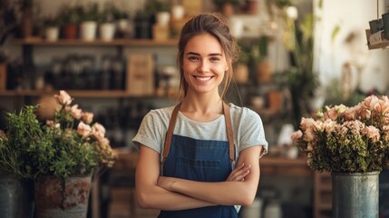 A young woman in a blue apron standing in a flower shop with a smile on her face.