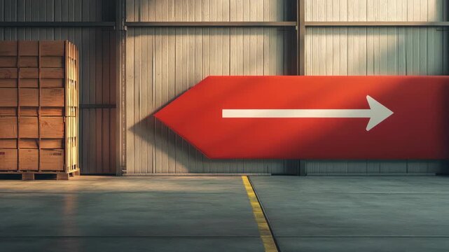 Warehouse corner with crates and large red directional arrow on wall