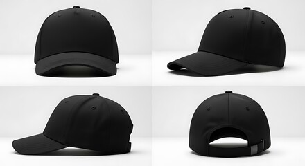 A black baseball cap is shown from multiple angles