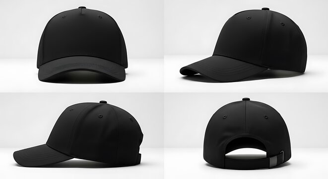 A black baseball cap is shown from multiple angles - Powered by Adobe