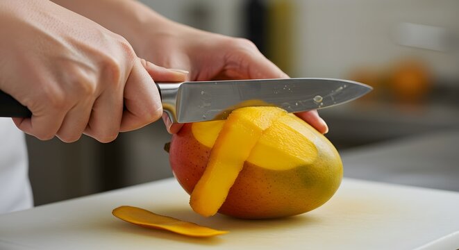 Peeling a ripe mango with a knife, food preparation process