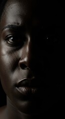 Fototapeta premium Intriguing Portrait: A Close-Up Study of a Woman's Face in Dramatic Low Light