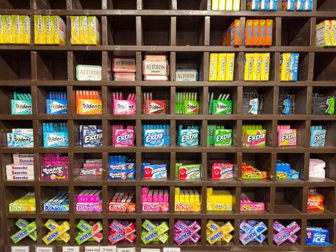 Gum and Mints Organized in Wooden Display Cubes

