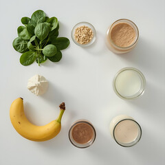 The minimalistic layout features a fresh, health-focused aesthetic, combining healthy smoothie ingredients like banana, spinach, oats, protein powders, milk, and supplement tablets.