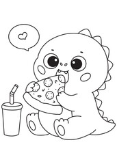 Coloring book dragon eating pizza with a drink.