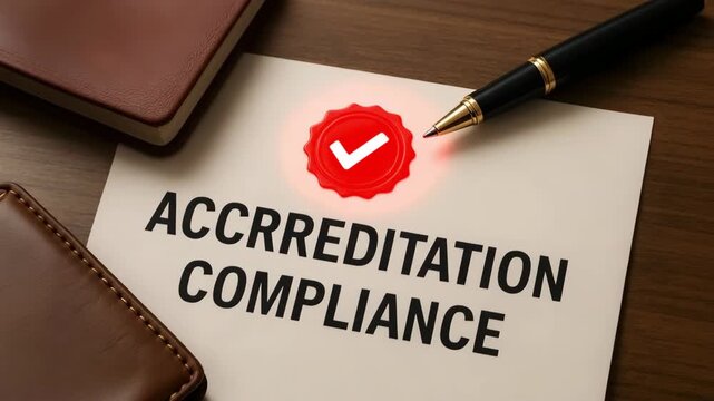 An Accreditation compliance with a pen and paper placed on a wooden table, with a journal in view