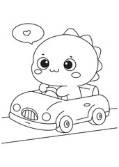 Coloring book dragon driving a car with happy face.