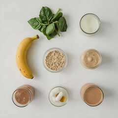 The minimalistic layout features a fresh, health-focused aesthetic, combining healthy smoothie ingredients like banana, spinach, oats, protein powders, milk, and supplement tablets.