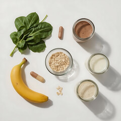 The minimalistic layout features a fresh, health-focused aesthetic, combining healthy smoothie ingredients like banana, spinach, oats, protein powders, milk, and supplement tablets.