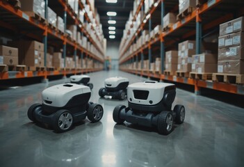 Obraz premium Automated warehouse robots efficiently organizing inventory in a modern facility