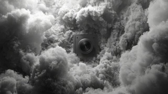 A surveillance camera lens embedded in thick swirling smoke clouds, in dramatic monochrome style, on a dark moody background, symbolizing secrecy