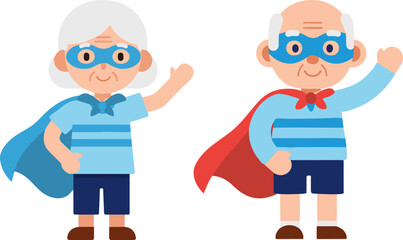 Friendly senior superhero couple waving hello vector illustration. Happy elderly man and woman characters greeting with a smile.
