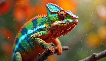 Fototapeta premium Colorful Chameleon on Branch in Tropical Forest
