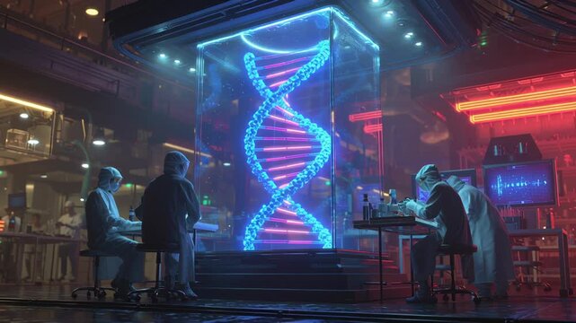 Futuristic CRISPR Gene Editing in High-Tech Laboratory with Glowing DNA Strand