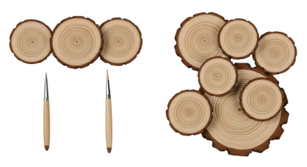 A collection of wood slices and brushes on a black surface    .ai generative, transparent background, white background. isolated on white background