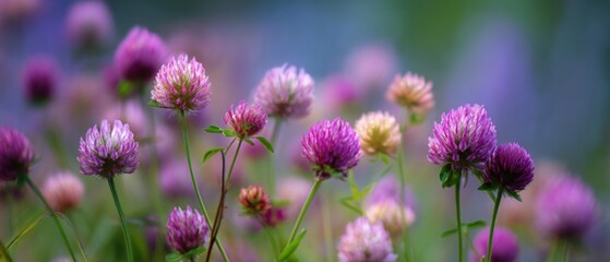 Dreamy Panorama of a Field of Blooming Clover Flowers with Soft Focus and Pastel Tones, Evoking a Sense of Tranquility and Natural Beauty, Perfect for Springtime and Floral Themes
