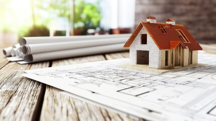 A miniature model house with a red roof and white walls, placed on a wooden table with architectural plans in the background.