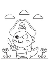 Coloring book dragon dressed as a pirate with sword.