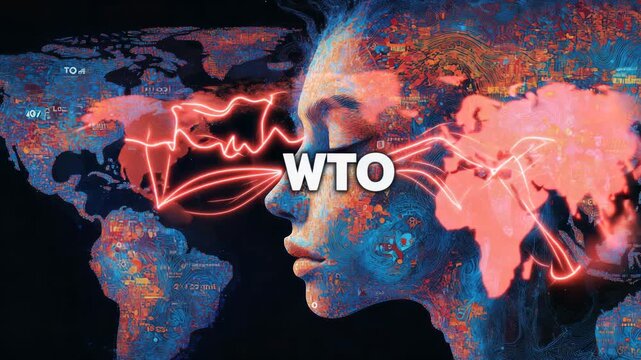 A captivating visual of the WTO logo smoothly transitioning into a neural pathway map, illustrating the intricate connections of global trade, intellect, and technology across continents.