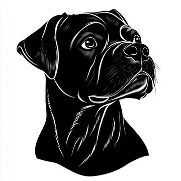 A highly detailed vector illustration of a Boxer dog head in woodcut or engraving style. Rendered in black and white with sharp lines and strong contrast, this design is ideal for vintage-style brandi