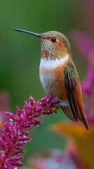 Obraz premium Captivating Portrait of a Rufous Hummingbird Perched on a Vibrant Magenta Flower Branch, Showcasing its Delicate Feathers and Graceful Posture in a Natural Setting