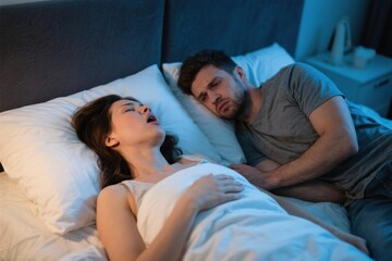 Woman lying on her back snoring in bed, male partner annoyed beside he…