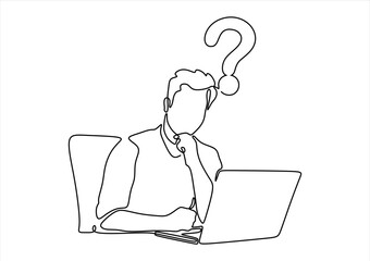 Vector of a thoughtful young man working on laptop at workplace having some questions.  line icon-continuous line drawing. Editable stroke. 