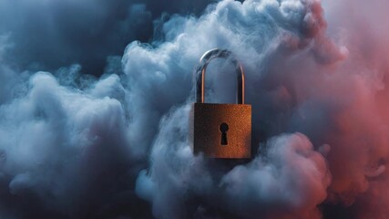 A metal padlock hovers in thick colorful smoke with dramatic lighting, symbolizing protection, secrecy, and digital security themes