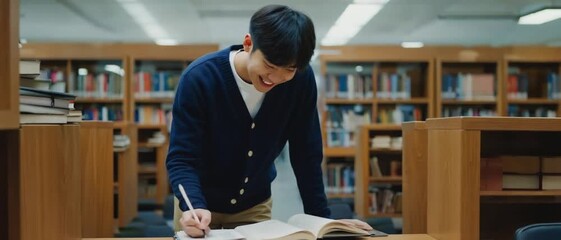 A student engrossed in studying in a library, surrounded by books, appears cheerful and focused. The library setting suggests an environment of learning and intellectual pursuit - Powered by Adobe