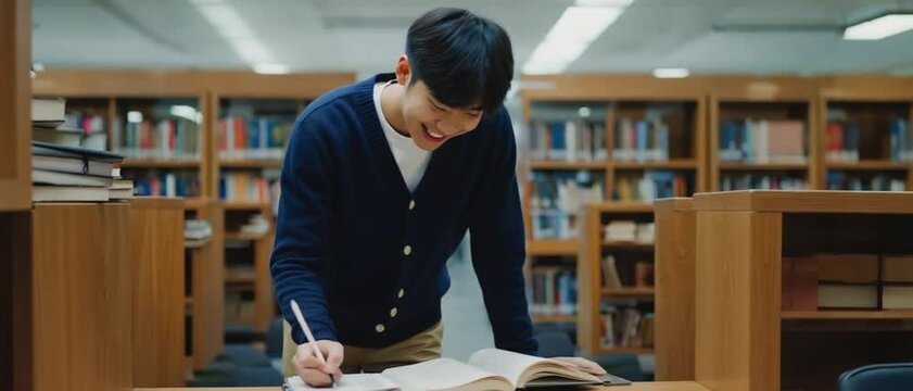 A student engrossed in studying in a library, surrounded by books, appears cheerful and focused. The library setting suggests an environment of learning and intellectual pursuit