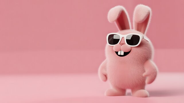 A pink cartoon bunny with sunglasses smiles against a pink background