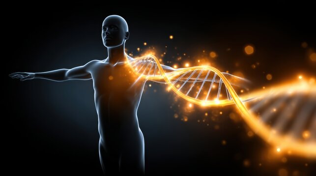 A digital human figure with outstretched arms is intertwined with a glowing, golden DNA double helix strand on a dark background.