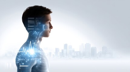 A digital concept showing a side profile of a man with futuristic medical and biometric data overlays against a cityscape background.