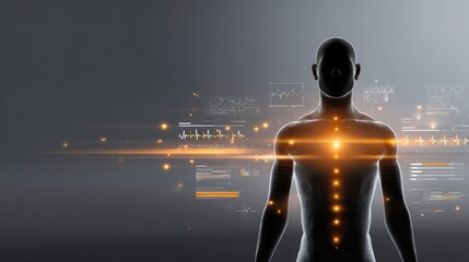 Silhouette of a human figure with glowing digital data overlays, symbolizing technology and health analytics.