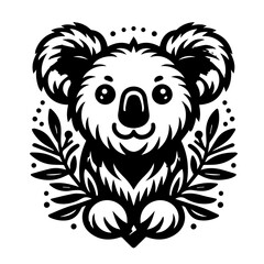 Obraz premium Adorable Black and White Koala Illustration with Leaves.