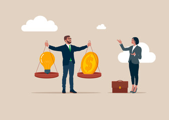 The businessman acts as a scale and weighs the balance gold coin and light bulb. Investment in startup, target, management, invest in new idea. Balance money and ideas. Flat vector illustration. 