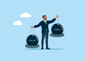 Businessman as a scale. Value Balance and Price balance on the scale. Principles and business ethic to do right things. Modern vector illustration in flat style