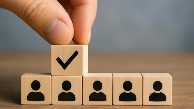 Hand placing a block with checkmark on wooden blocks with person icons, concept of choosing the right one. Represents selection, choice, or decision-making.