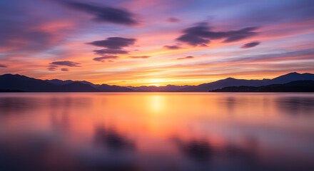 Naklejka premium Stunning sunset over a calm lake with vibrant colors reflecting on the water surface