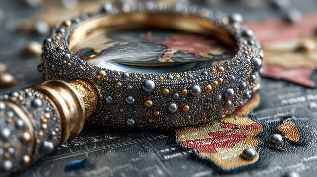 Luxurious magnifying glass highlighting beaded world map in intricate detail
