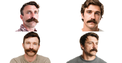 Four men with different mustaches on a transparent background