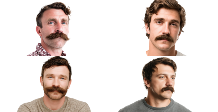 Four men with different mustaches on a transparent background - Powered by Adobe