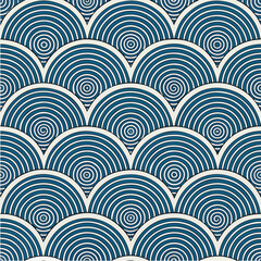 Seamless Japanese Wave Pattern with Concentric Circles, Retro Art Deco Style, EPS Vector