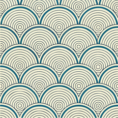 Seamless Japanese Wave Pattern with Concentric Circles, Retro Art Deco Style, EPS Vector