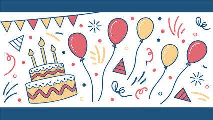 Illustration of a birthday party scene with cake balloons and confetti for a celebration event occasion