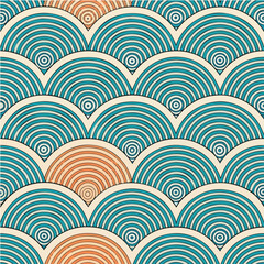 Seamless Japanese Wave Pattern with Concentric Circles, Retro Art Deco Style, EPS Vector