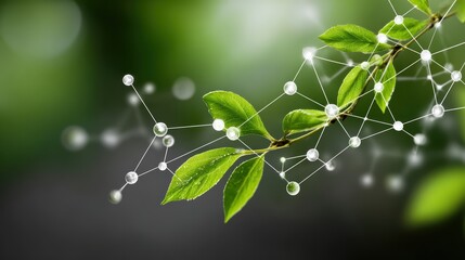 A branch with fresh green leaves connected by a digital network of glowing nodes symbolizing technology and nature integration.
