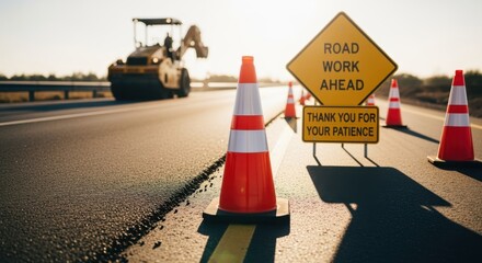 Traffic control setup featuring cones and signage ensuring safe passage through a repaired road segment.